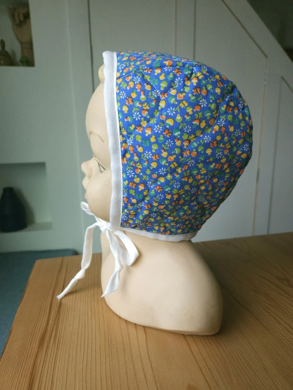 Upcycled Quilted Baby Bonnet Blue Mushroom Fully Lined 6-12 months